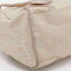 Pre Owned Fendi Beige/Silver Zucchino Canvas and Leather Small Forever Bauletto Boston Bag
