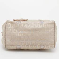 Pre Owned Fendi Beige/Silver Zucchino Canvas and Leather Small Forever Bauletto Boston Bag