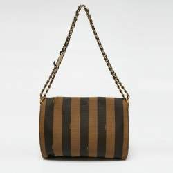 Pre Owned حقيبة كتف فندي كلاوديا مخططة بيكوين كانفاس توباكو كبيرة