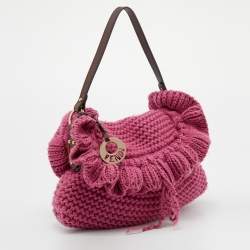 Pre Owned Fendi Pink Knit Chef Flap Bag