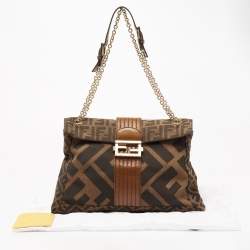Fendi Tobacco Zucca Canvas and Leather Maxi Baguette Flap Shoulder Bag