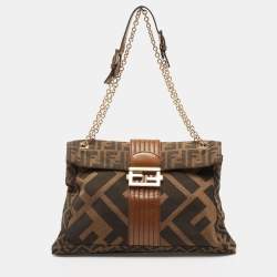 Fendi Tobacco Zucca Canvas and Leather Maxi Baguette Flap Shoulder Bag