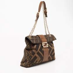 Fendi Tobacco Zucca Canvas and Leather Maxi Baguette Flap Shoulder Bag