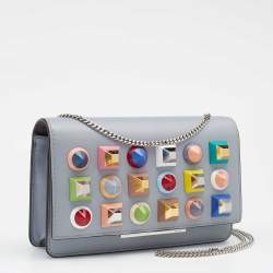 مملوكة مسبقًا Fendi Grey Leather Studded Flap Wallet On Chain