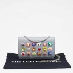 مملوكة مسبقًا Fendi Grey Leather Studded Flap Wallet On Chain