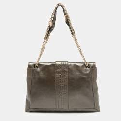 Pre Owned Fendi Metallic Grey Leather Maxi Studded Baguette Flap Shoulder Bag