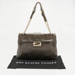 Pre Owned Fendi Metallic Grey Leather Maxi Studded Baguette Flap Shoulder Bag