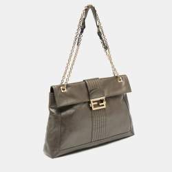 Pre Owned Fendi Metallic Grey Leather Maxi Studded Baguette Flap Shoulder Bag