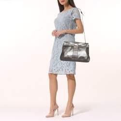 Pre Owned Fendi Metallic Grey Leather Maxi Studded Baguette Flap Shoulder Bag