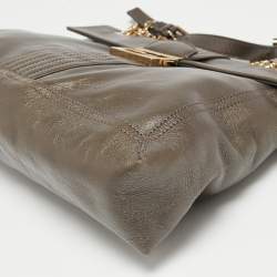 Pre Owned Fendi Metallic Grey Leather Maxi Studded Baguette Flap Shoulder Bag