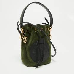 Pre Owned Fendi Green/Black Leather and Suede Mini Mon Tresor Drawstring Bucket Bag