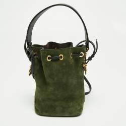 Pre Owned Fendi Green/Black Leather and Suede Mini Mon Tresor Drawstring Bucket Bag
