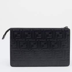 Pre Owned Fendi Black Zucca Embossed Leather Flat Pouch