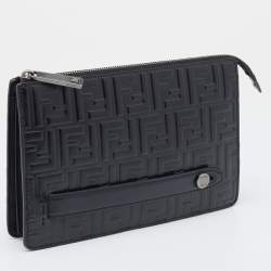 Pre Owned Fendi Black Zucca Embossed Leather Flat Pouch