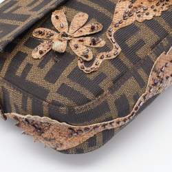 Pre Owned Fendi Tobacco Zucca Canvas And Karung Leather Embellished Baguette Bag
