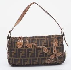 Pre Owned Fendi Tobacco Zucca Canvas And Karung Leather Embellished Baguette Bag