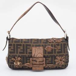 Pre Owned Fendi Tobacco Zucca Canvas And Karung Leather Embellished Baguette Bag