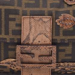 Pre Owned Fendi Tobacco Zucca Canvas And Karung Leather Embellished Baguette Bag