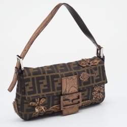 Pre Owned Fendi Tobacco Zucca Canvas And Karung Leather Embellished Baguette Bag