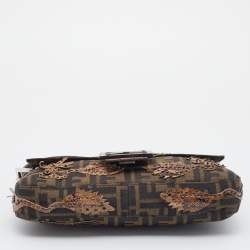 Pre Owned Fendi Tobacco Zucca Canvas And Karung Leather Embellished Baguette Bag