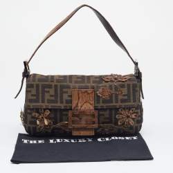 Pre Owned Fendi Tobacco Zucca Canvas And Karung Leather Embellished Baguette Bag