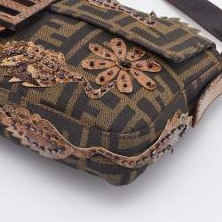 Pre Owned Fendi Tobacco Zucca Canvas And Karung Leather Embellished Baguette Bag