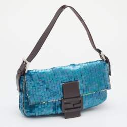 Fendi Blue/Brown Sequin And Leather Baguette 