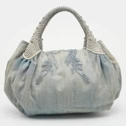 Pre Owned Fendi Light Blue Denim Embroidered Squirrel Spy Bag