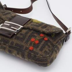 Fendi Black/Grey Zucca Wool And Leather Embroidered Baguette