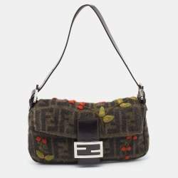 Fendi Black/Grey Zucca Wool And Leather Embroidered Baguette
