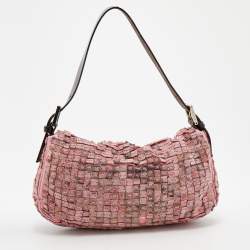 Fendi Pink Satin And Leather Beaded Baguette 