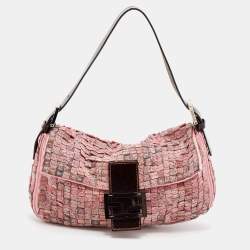 Fendi Pink Satin And Leather Beaded Baguette 