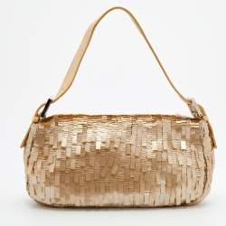 Fendi Beige Sequins And Python Baguette Bag