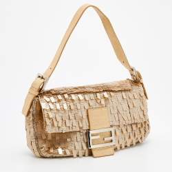 Fendi Beige Sequins And Python Baguette Bag