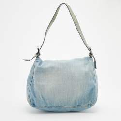 Pre Owned Fendi Blue Denim And Ostrich Leather Mama Forever Baguette Bag