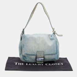 Pre Owned Fendi Blue Denim And Ostrich Leather Mama Forever Baguette Bag