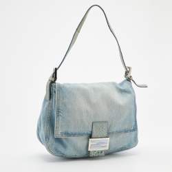 Pre Owned Fendi Blue Denim And Ostrich Leather Mama Forever Baguette Bag