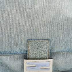 Pre Owned Fendi Blue Denim And Ostrich Leather Mama Forever Baguette Bag