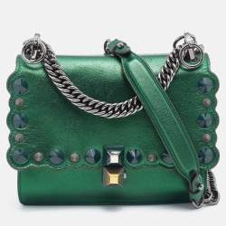 Pre Owned Fendi Metallic Green Leather Small Scalloped Kan I Shoulder Bag