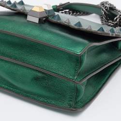 Pre Owned Fendi Metallic Green Leather Small Scalloped Kan I Shoulder Bag