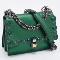 Pre Owned Fendi Metallic Green Leather Small Scalloped Kan I Shoulder Bag