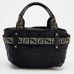 Pre Owned Fendi Black Zucca Fabric And Leather Zip Code Shoulder Bag