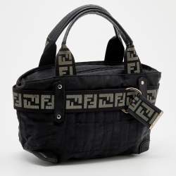 Pre Owned Fendi Black Zucca Fabric And Leather Zip Code Shoulder Bag