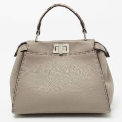 Pre Owned Fendi Beige Selleria Leather and Python Mini Peekaboo Top Handle Bag