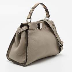 Pre Owned Fendi Beige Selleria Leather and Python Mini Peekaboo Top Handle Bag