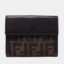 Pre Owned Fendi Tobacco Zucca Canvas and Leather French Compact Wallet