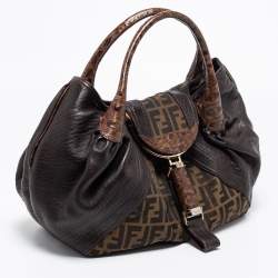 Pre Owned Fendi Tobacco Zucca Canvas and Textured Leather Spy Bag
