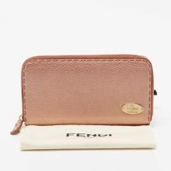 Pre Owned Fendi Metallic Rose Gold Leather Selleria Zip Around Wallet