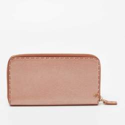 Pre Owned Fendi Metallic Rose Gold Leather Selleria Zip Around Wallet