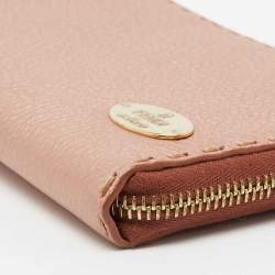 Pre Owned Fendi Metallic Rose Gold Leather Selleria Zip Around Wallet